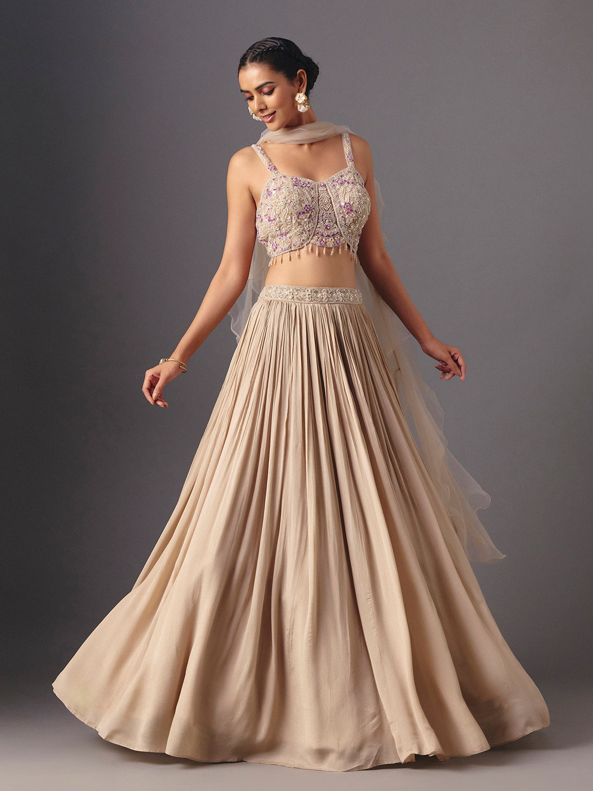 Beige chiffon georgette designer lehenga choli with ruffle dupatta elegance