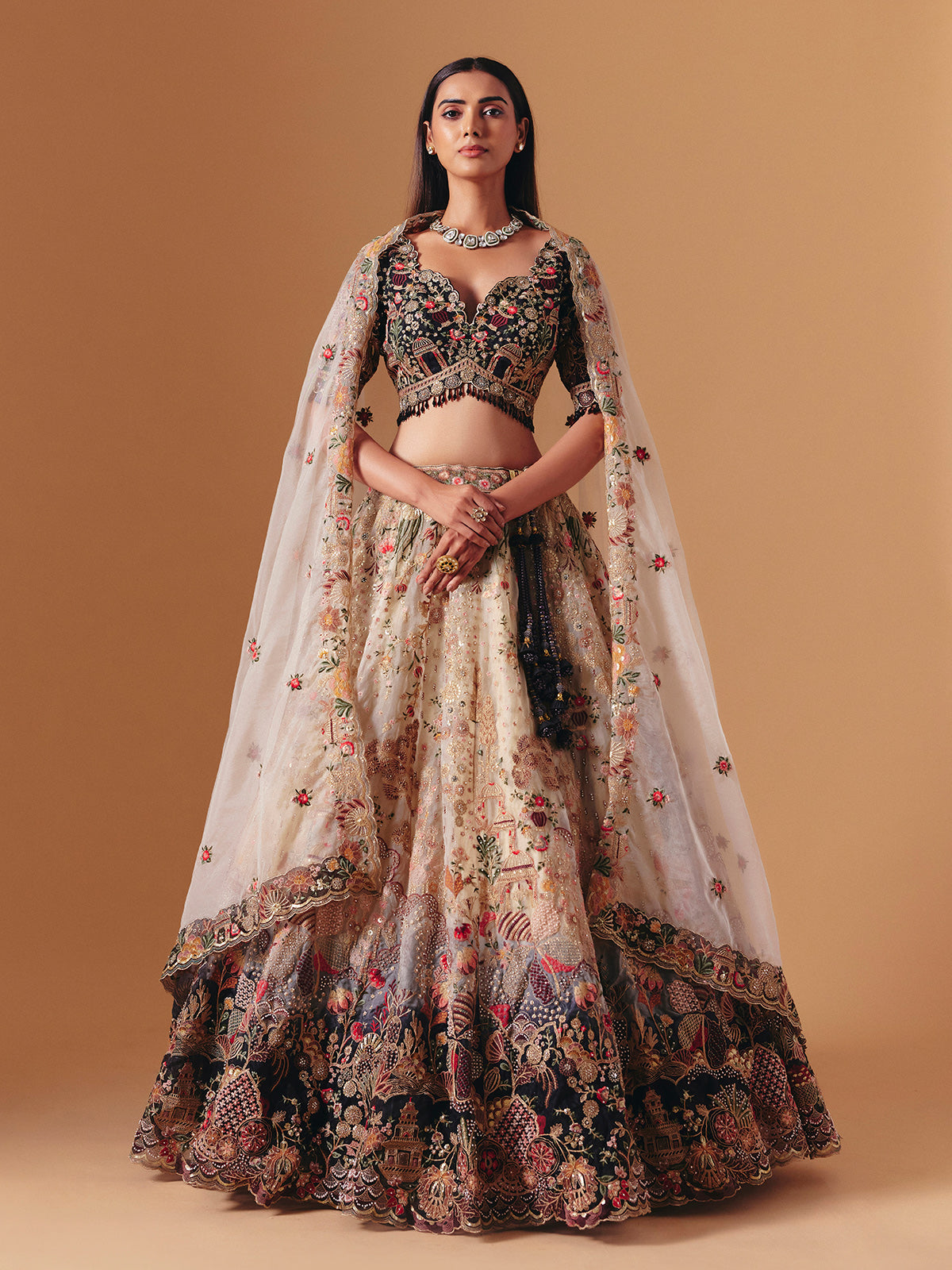 Cream and black silk designer lehenga choli with dupatta style
