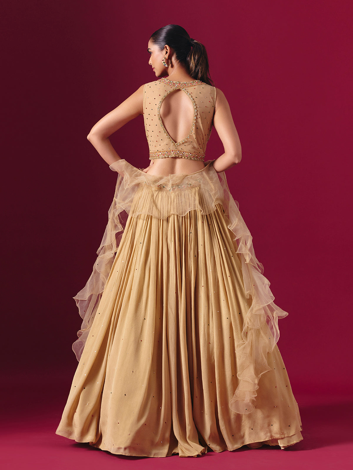 Dark beige party wear lehenga choli with ruffle dupatta
