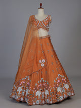Rust orange raw silk swan motif lehenga choli with dupatta