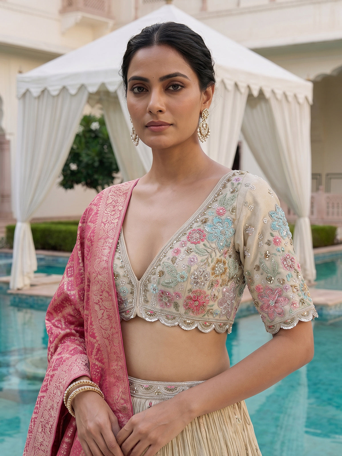 Golden crepe silk botanical embroidered lehenga attire