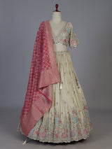 Golden crepe silk botanical embroidered lehenga attire