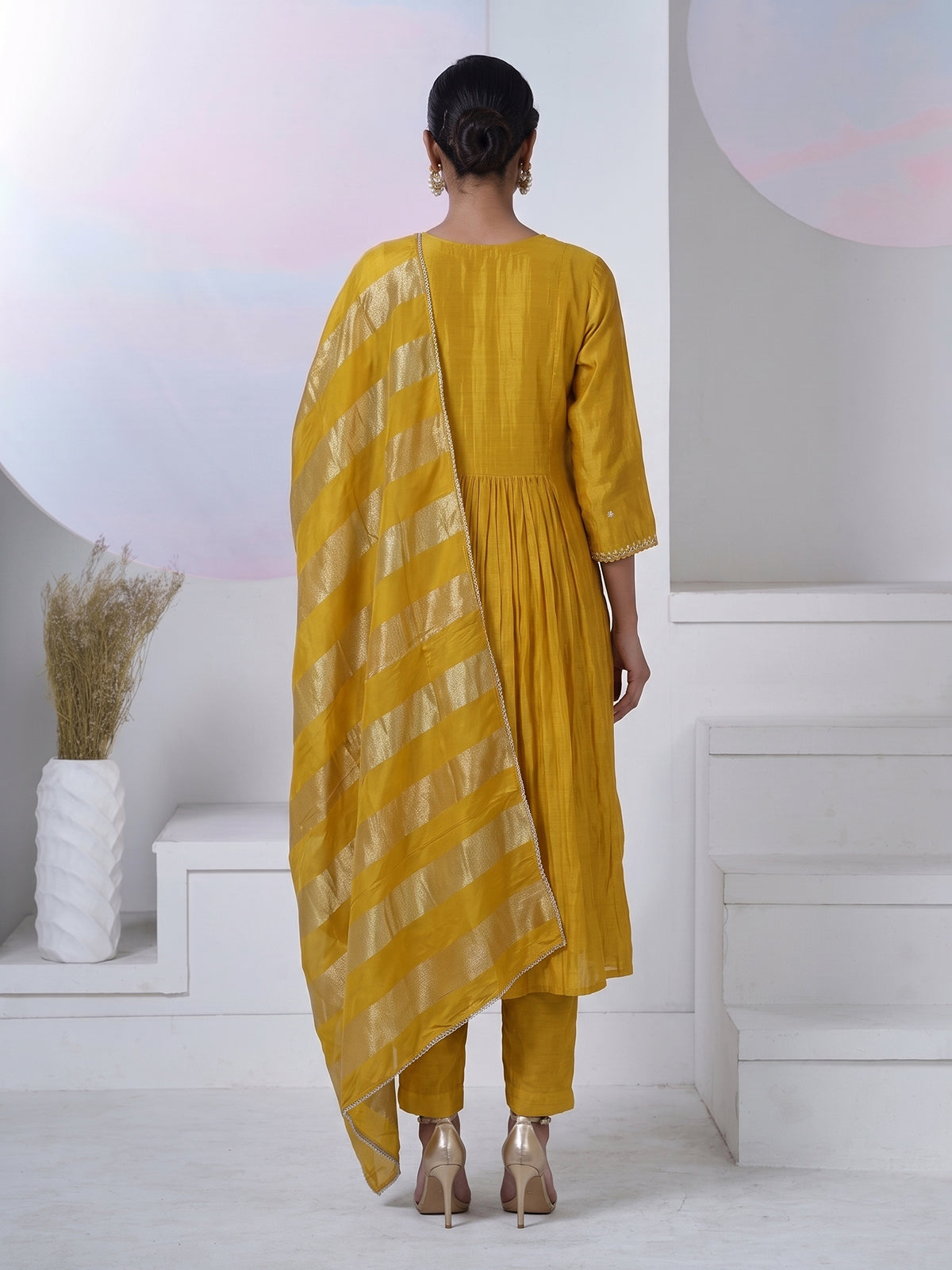 Mustard yellow silk embellished yoke style kurti set with dupatta