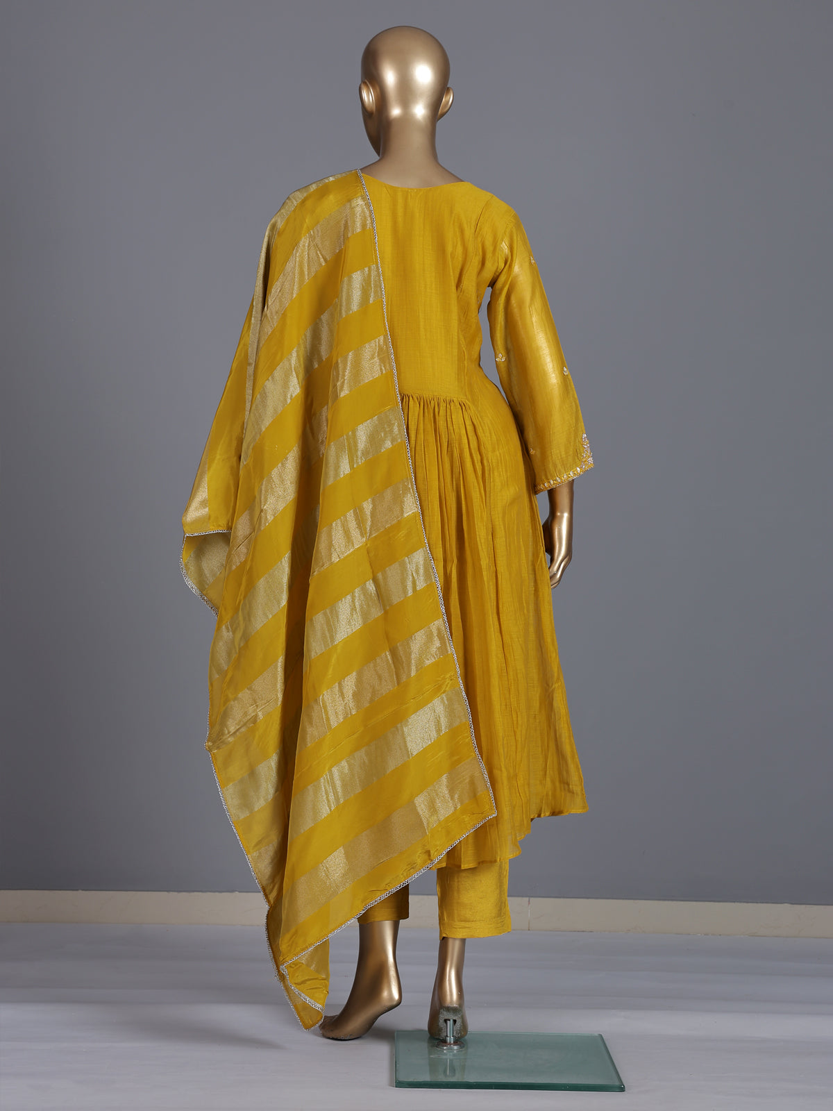 Mustard yellow silk embellished yoke style kurti set with dupatta