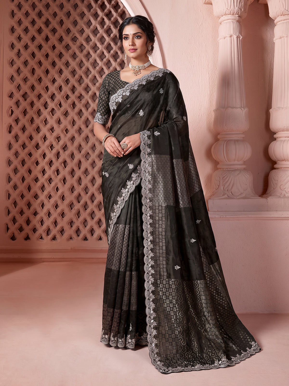 Grey dola silk embroidered occasion saree
