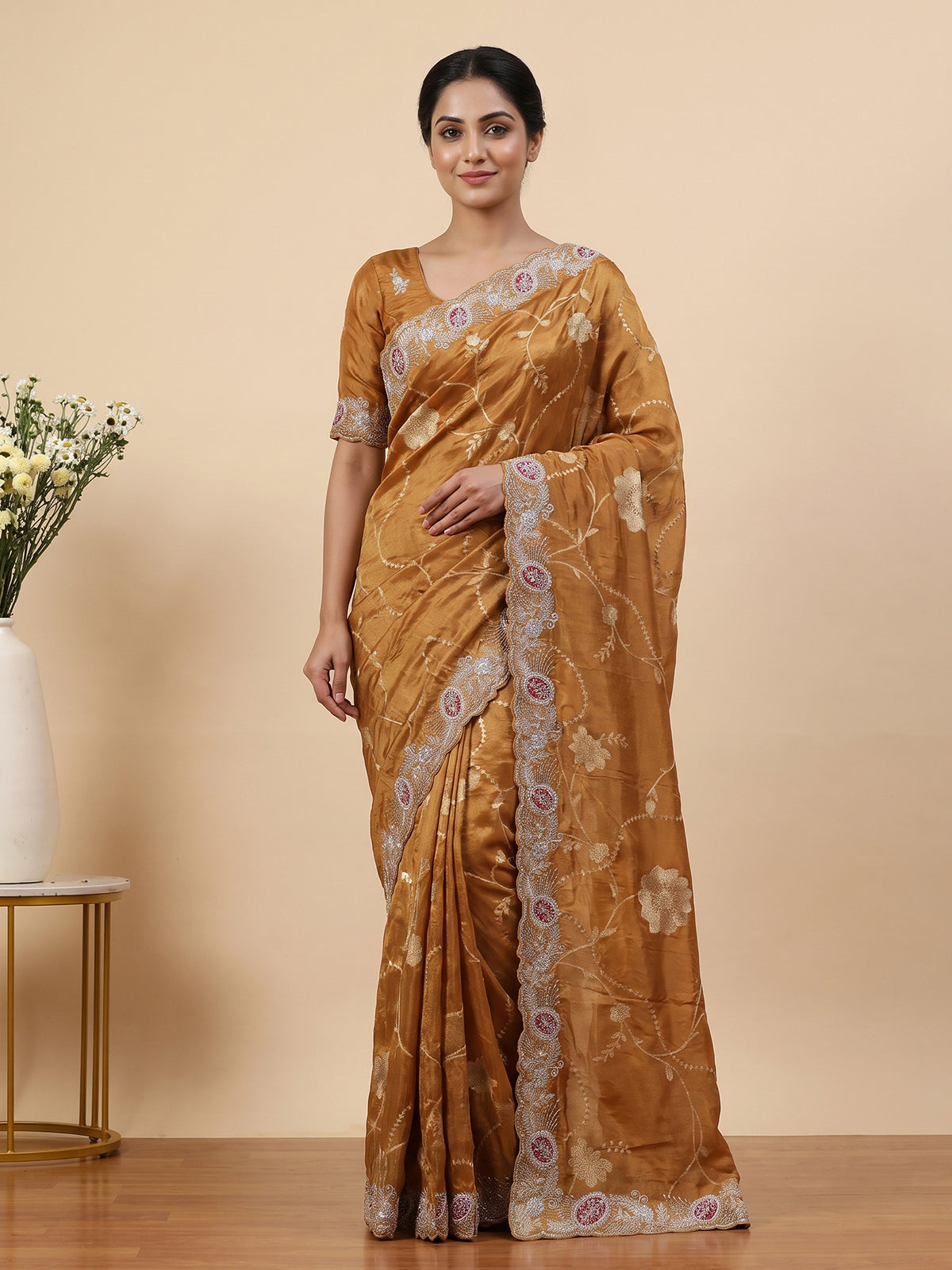 Mustard yellow dola silk floral zari saree