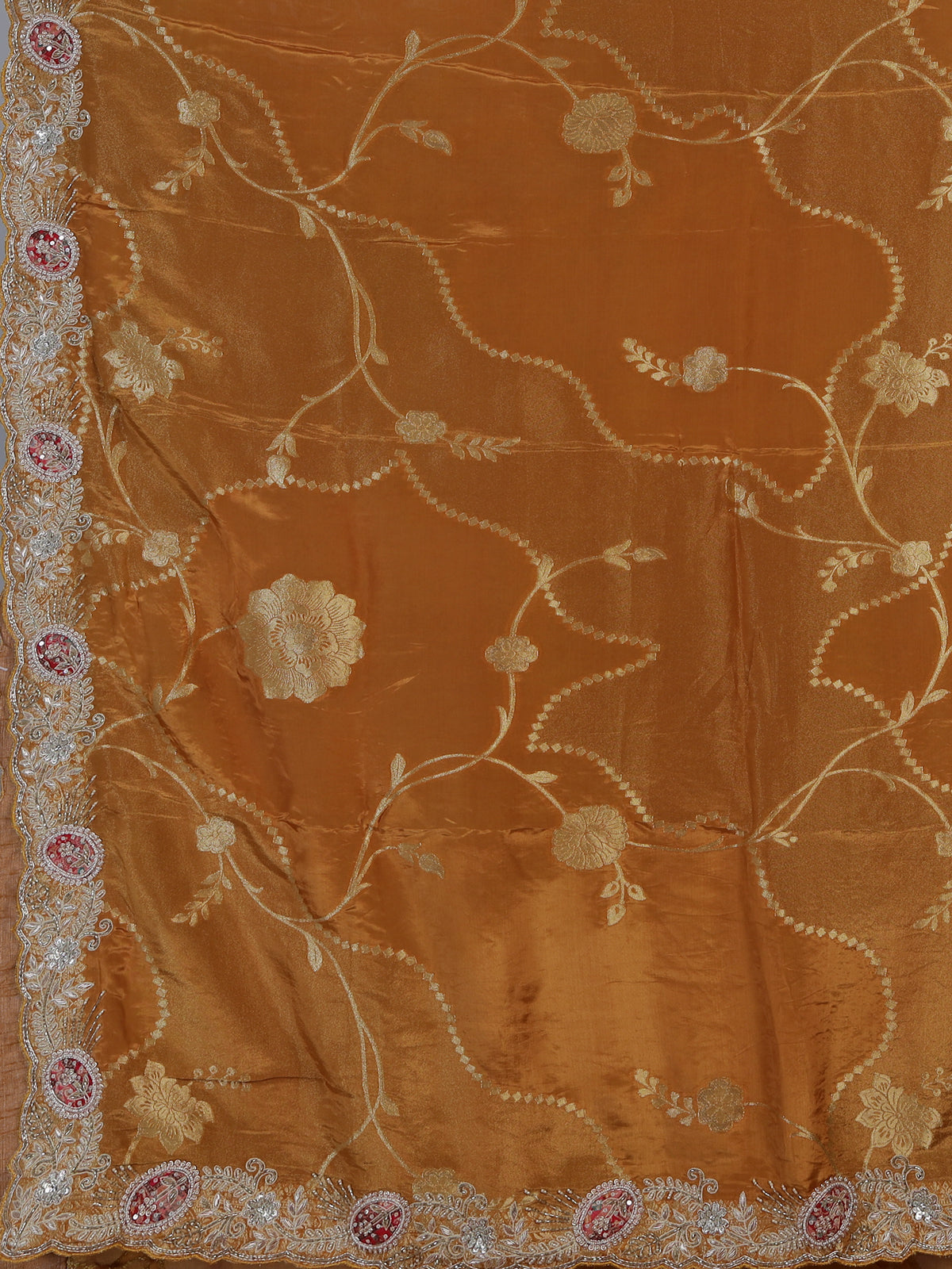 Mustard yellow dola silk floral zari saree
