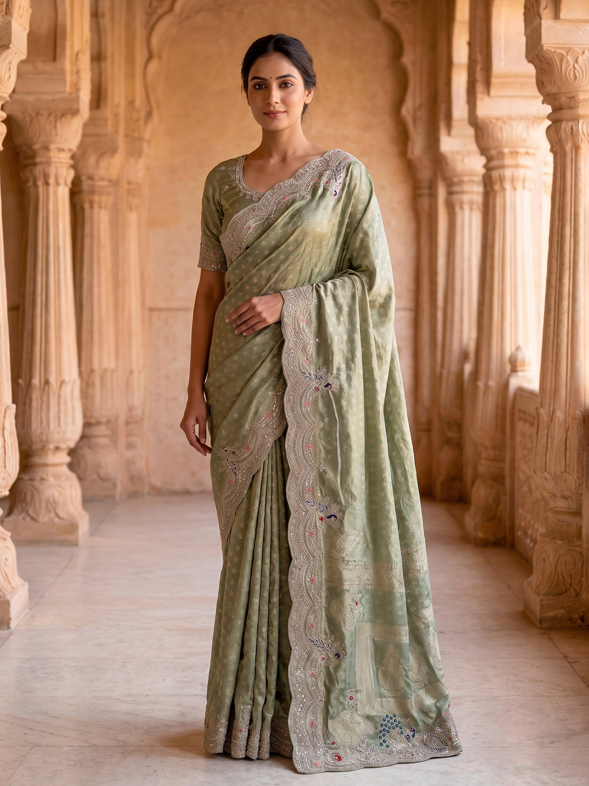 Pista dola silk embroidered festive saree