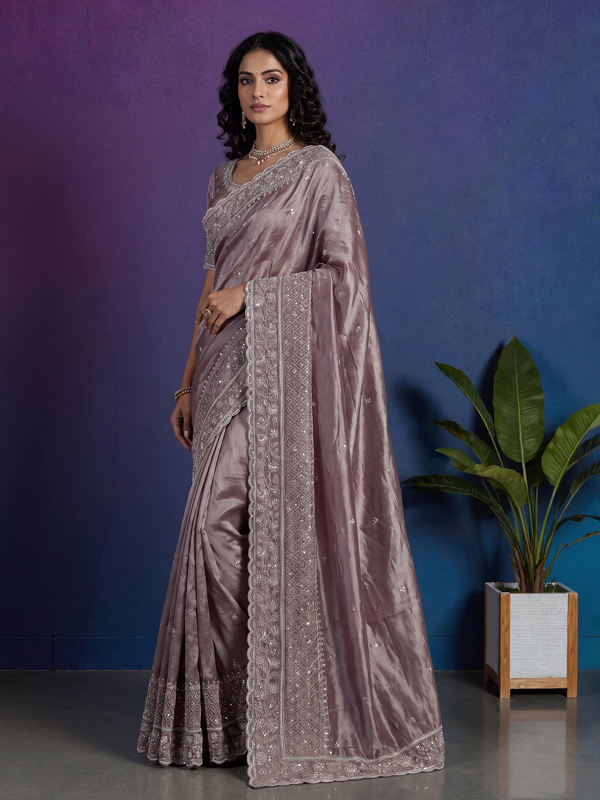 Grey tissue silk embellished festive saree