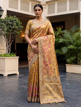 Mustard yellow tissue silk saree with floral print