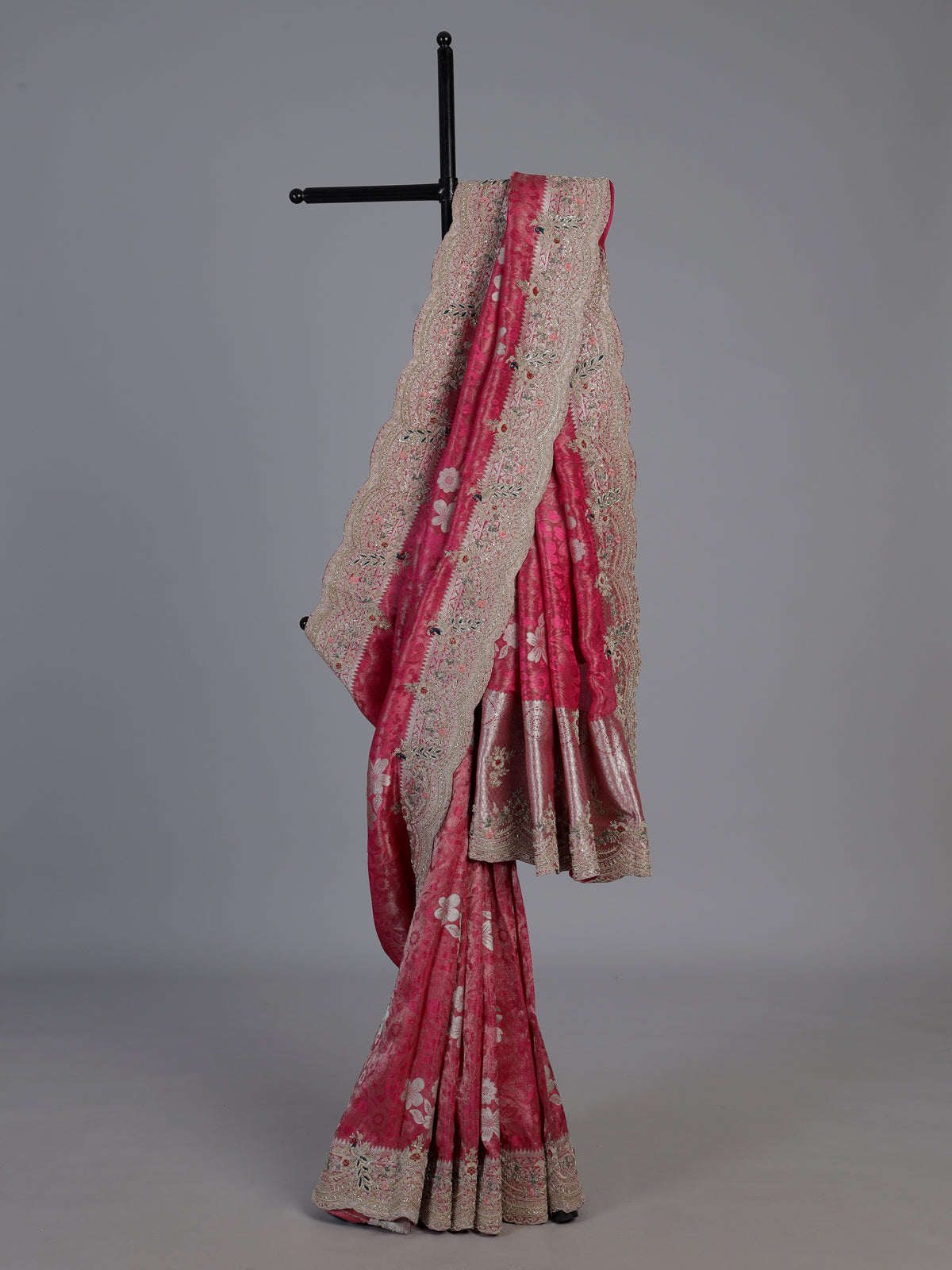 Rani pink tissue silk peacock border saree