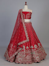 Red raw silk bridal unstitched lehenga choli with zardosi embellishments