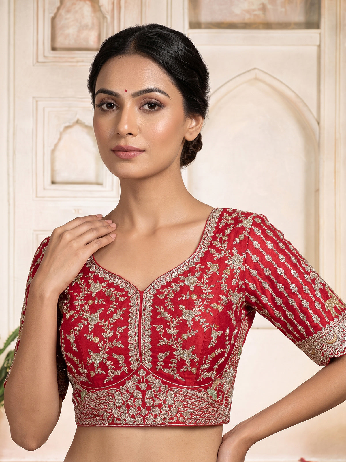 Red raw silk bridal unstitched lehenga choli with zardosi embellishments