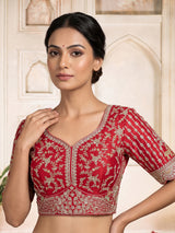 Red raw silk bridal unstitched lehenga choli with zardosi embellishments