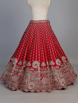 Red raw silk bridal unstitched lehenga choli with zardosi embellishments