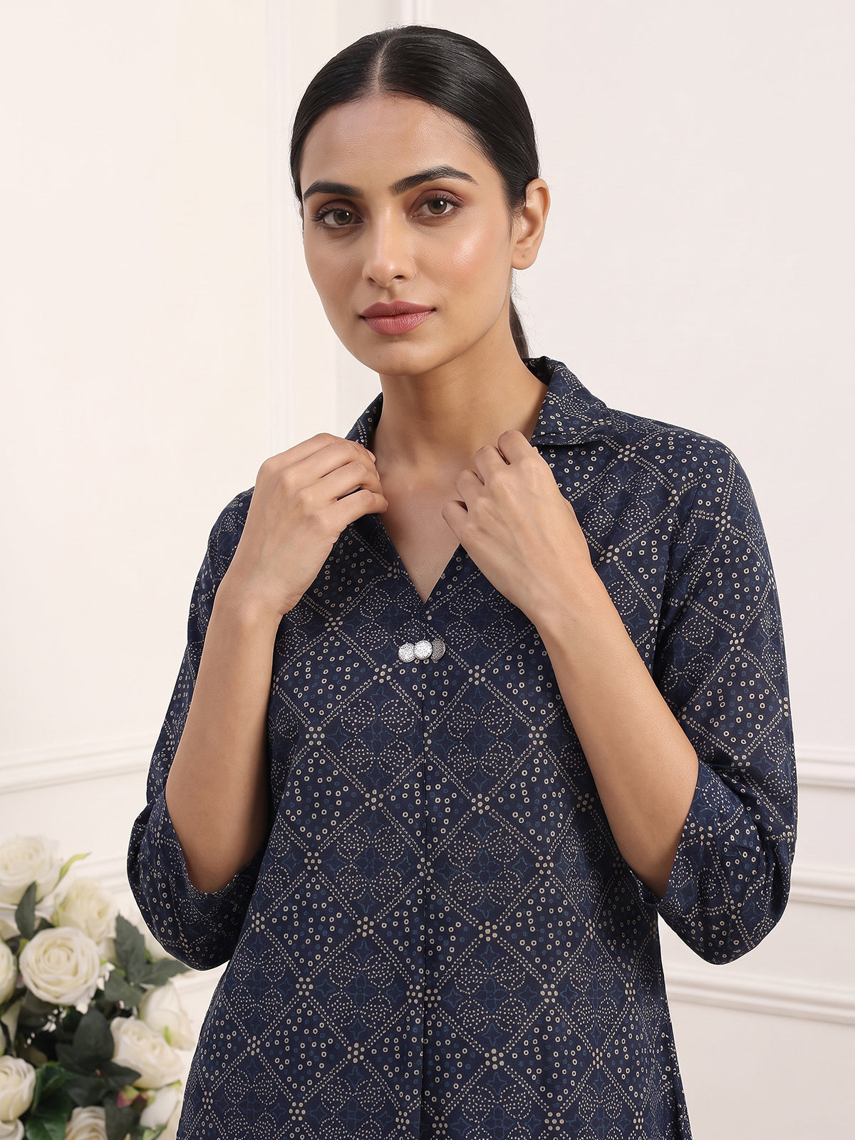 Blue silk Bandhej printed palazzo co ord set with V-neckline