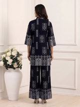 Navy silk printed palazzo co ord set with delicate beadwork