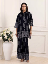 Navy silk printed palazzo co ord set with delicate beadwork