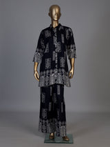 Navy silk printed palazzo co ord set with delicate beadwork