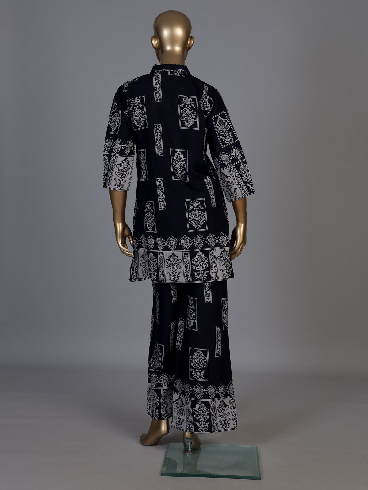 Navy silk printed palazzo co ord set with delicate beadwork