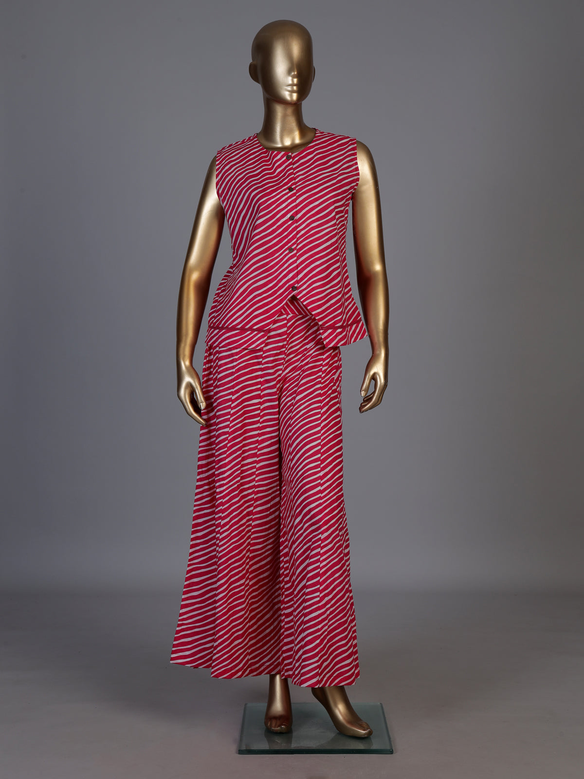 Rani pink crepe silk printed sleeveless palazzo co ord set