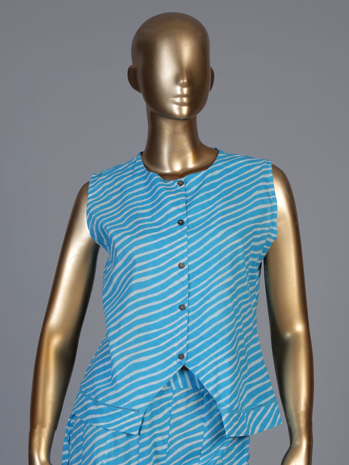 Sky blue crepe silk printed sleeveless palazzo co ord set