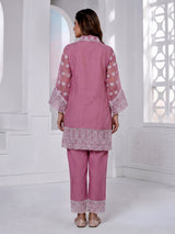 Pink tissue co ord set with delicate Lucknowi work detailing