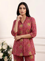 Wine cotton printed palazzo co ord set with coin bead detailing