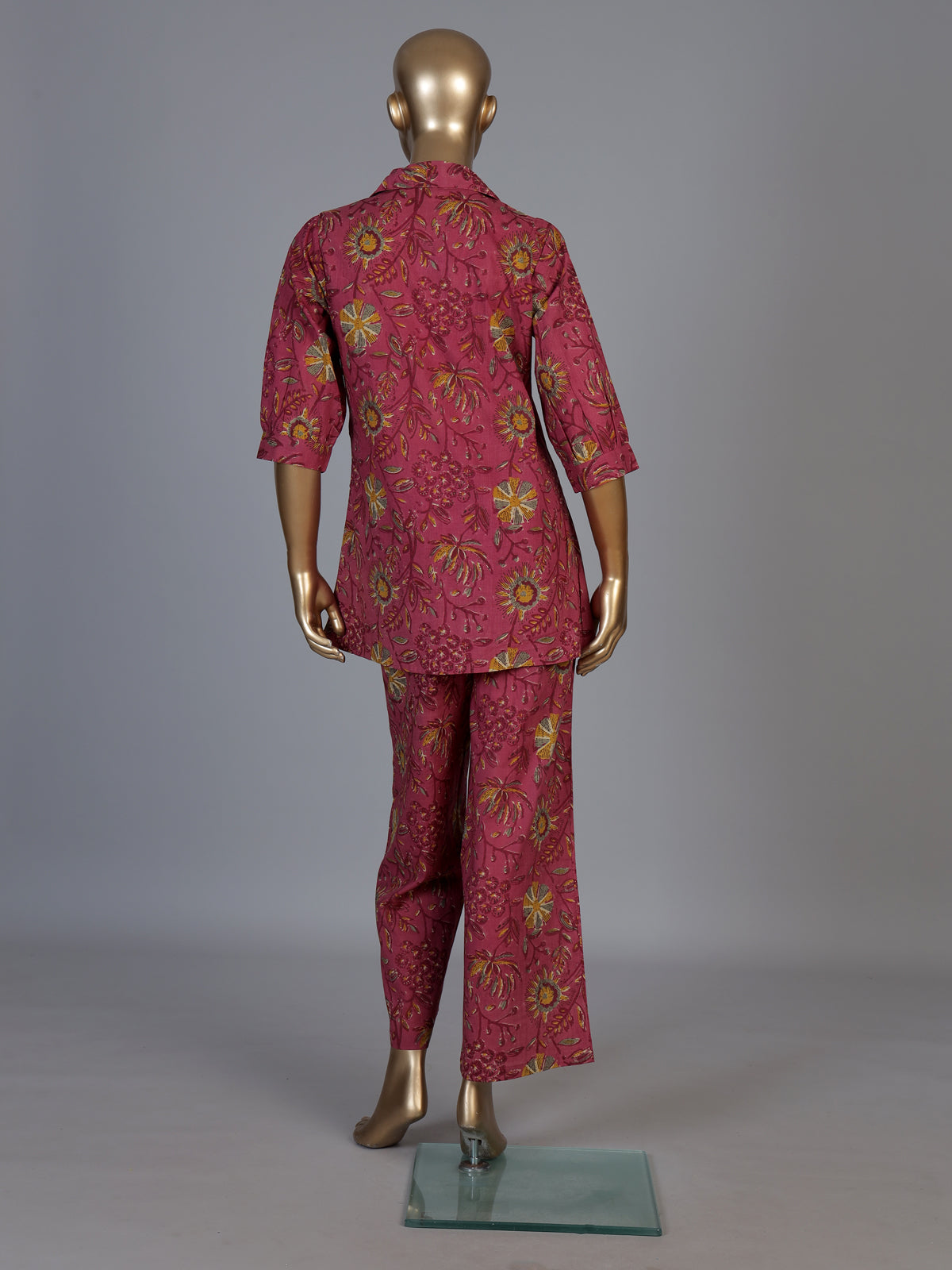Wine cotton printed palazzo co ord set with coin bead detailing