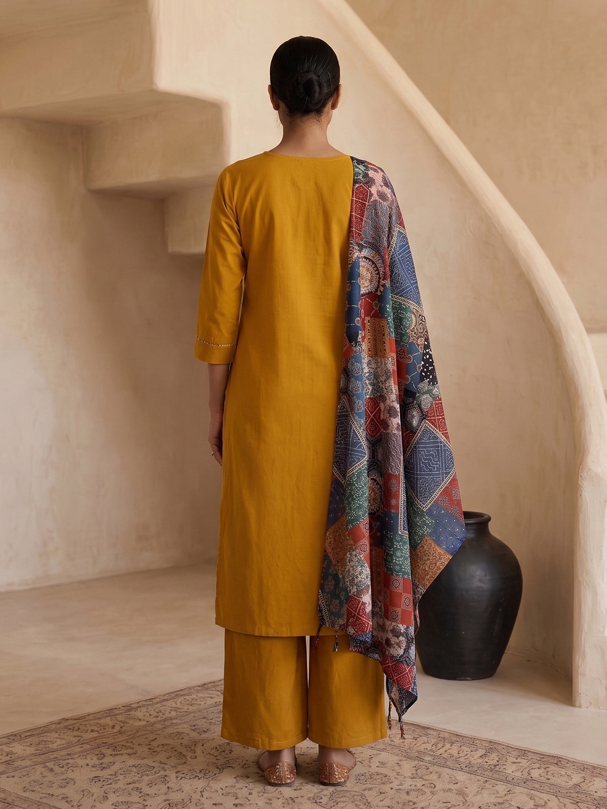 Mustard yellow cotton silk sequined palazzo kurti set with dupatta