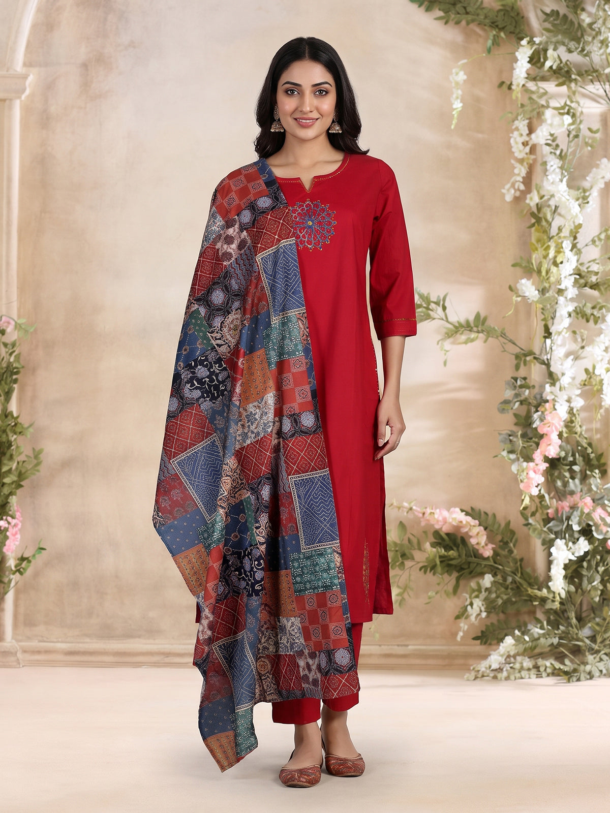 Maroon cotton silk palazzo kurti set with dupatta