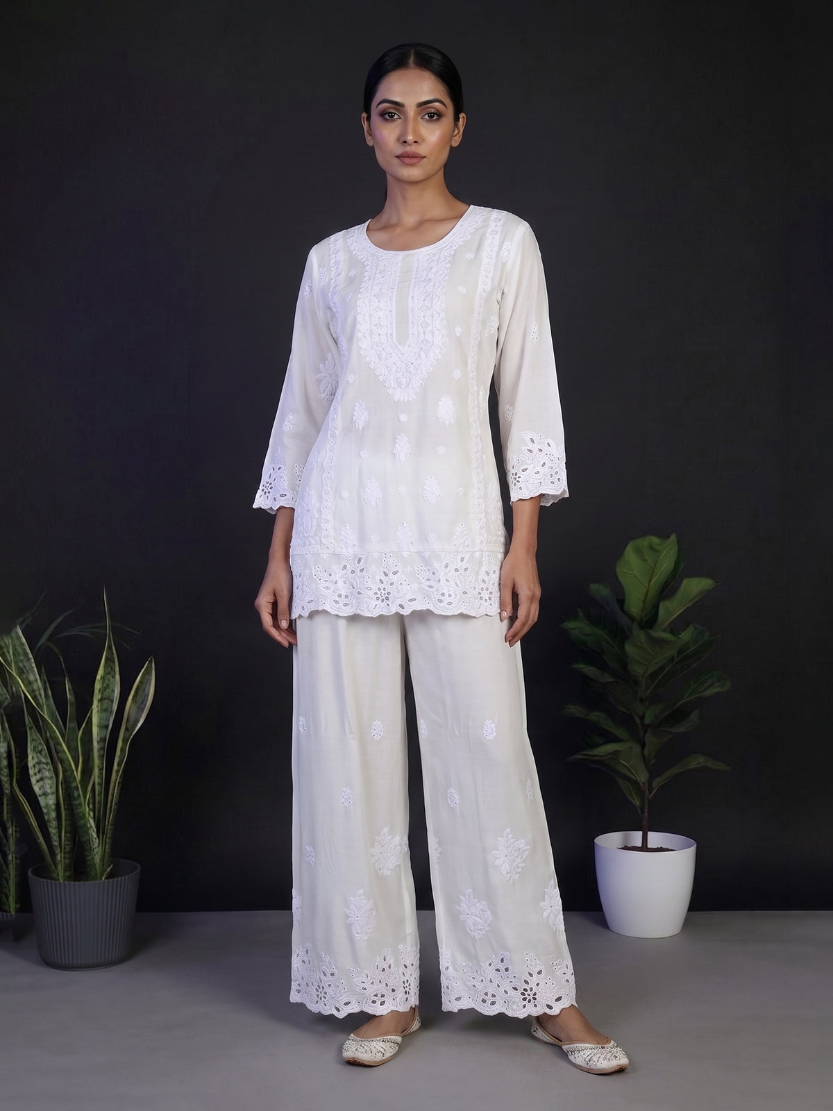White silk lucknowi work palazzo kurti set for women