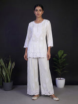 White silk lucknowi work palazzo kurti set for women