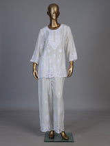 White silk lucknowi work palazzo kurti set for women