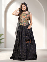 Black printed silk festive lehenga choli for girls