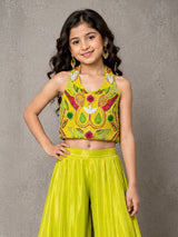 Lime green crepe satin silk halter girls palazzo suit