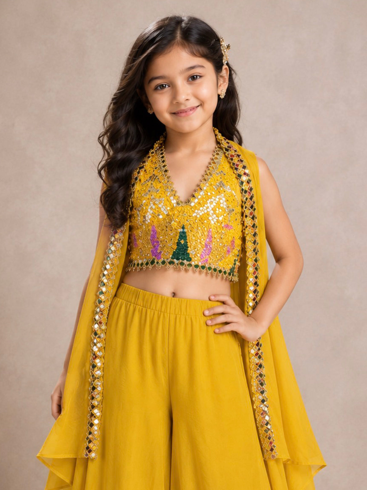 Mustard yellow georgette silk girls palazzo suit with designer shrug