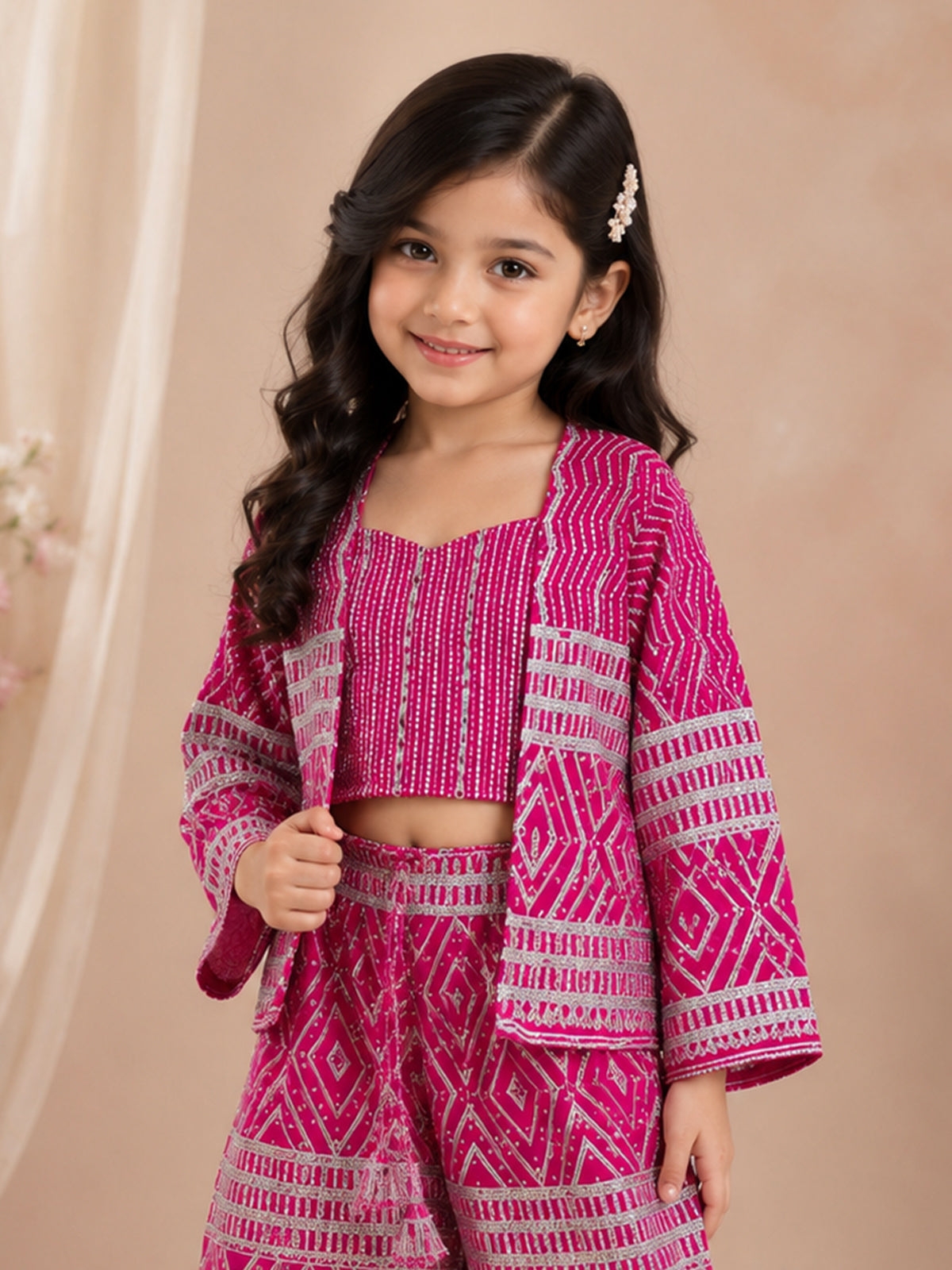 Magenta pink silk jacket style girls sharara suit