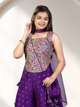 Purple printed silk girls palazzo suit with choker dupatta