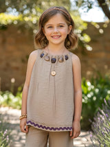 Khaki brown embroidered cotton silk girls co-ord set