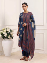 Blue silk festive kurti set with embellished printed dupatta