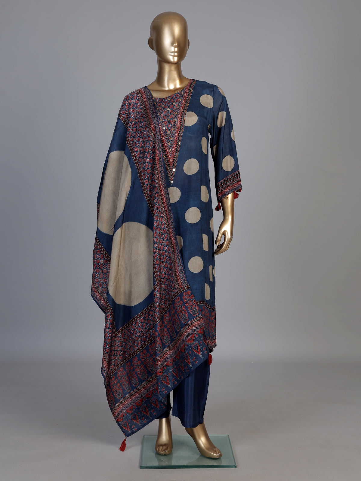 Blue silk festive kurti set with embellished printed dupatta