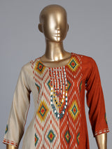 Rust orange silk printed palazzo set with pearl and aabla detailing