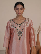 Pastel pink silk embellished palazzo set with zari dupatta