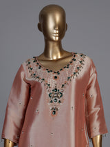 Pastel pink silk embellished palazzo set with zari dupatta