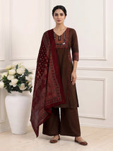 Brown cotton printed palazzo set with mirror detailing
