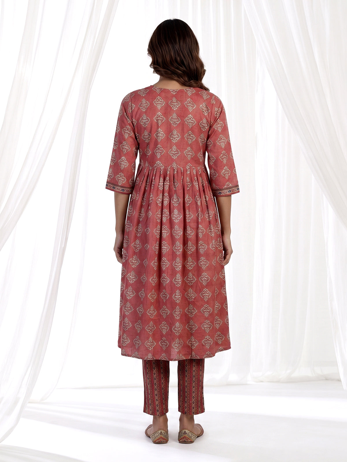 Brown muslin silk printed kurti set with aabla and pants