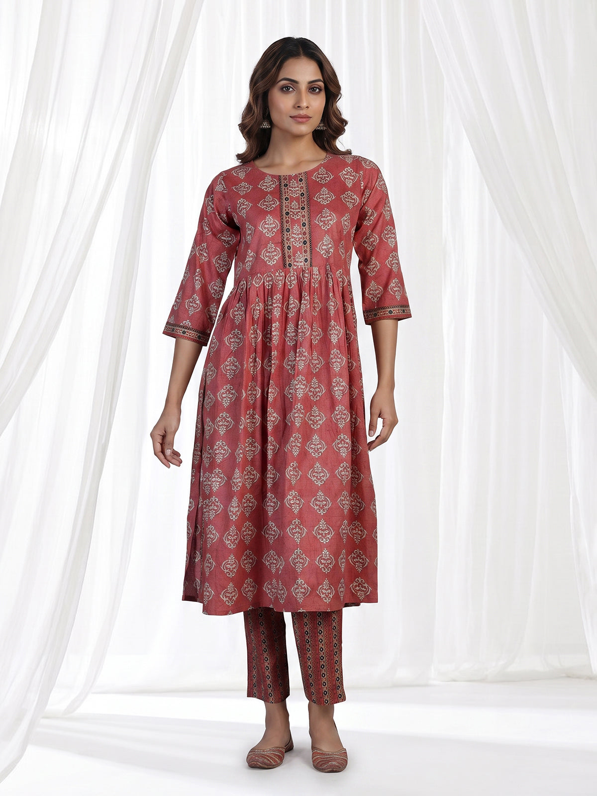 Brown muslin silk printed kurti set with aabla and pants