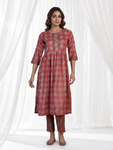 Brown muslin silk printed kurti set with aabla and pants