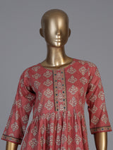 Brown muslin silk printed kurti set with aabla and pants